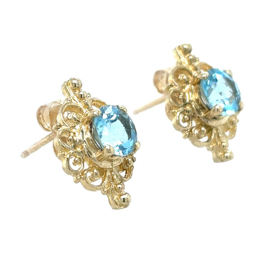 14k Yellow Gold Blue Topaz Solitaire Earrings 2.2g