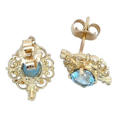 14k Yellow Gold Blue Topaz Solitaire Earrings 2.2g