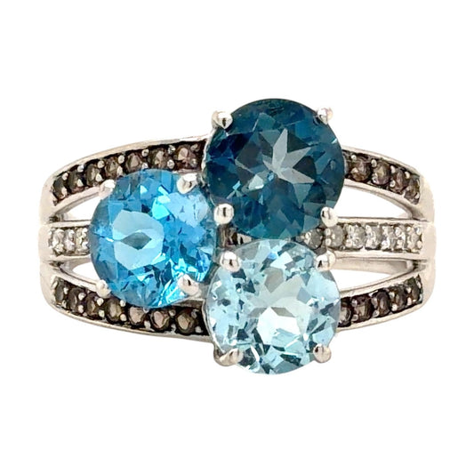 Blue Topaz, Diamond & Smokey Quartz 10k White Gold Ring 4.5g Size 8.5