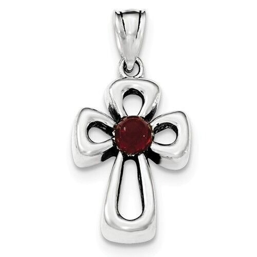 Red Stone Open Cross Pendant .925 Sterling Silver