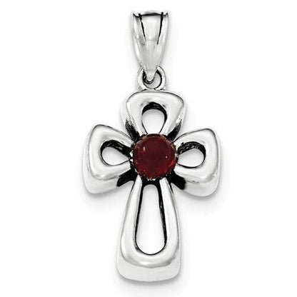 Red Stone Open Cross Pendant .925 Sterling Silver