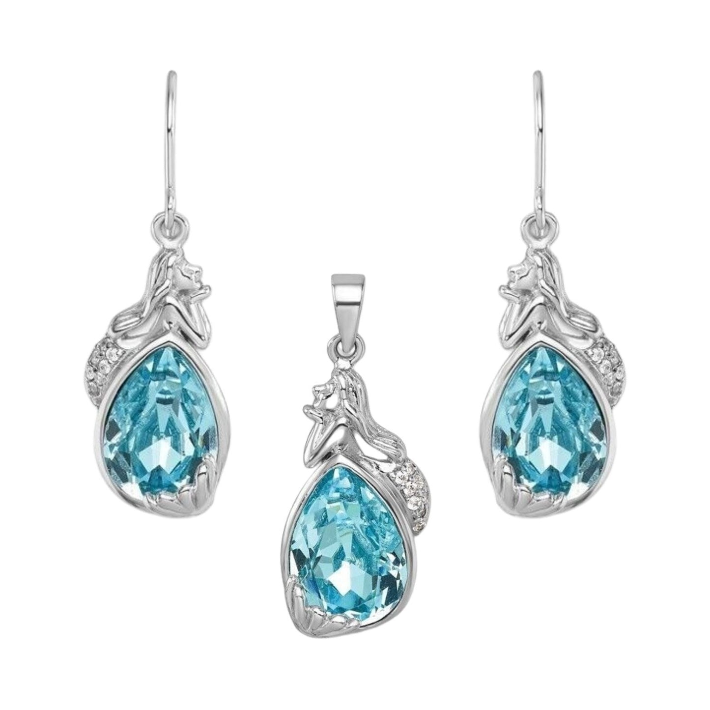 Sterling Silver Blue Crystal Mermaid Pendant Necklace & Dangle Earrings