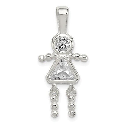 Sterling Silver Rhodium-plated CZ and Birthstone Clear April Glass Girl Pendant