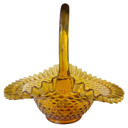 Fenton Amber Glass Hobnail Ruffled Edge Basket Candy Dish 9” Tall