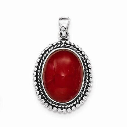 Antiqued Sterling Silver Red Agate Oval Solitaire Pendant From Thailand 1.5"