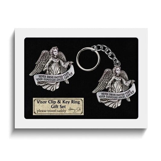 NEVER DRIVE FASTER Guardian Angel Silver-tone Visor Clip and Key Ring Set