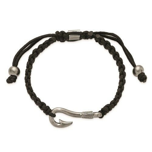 Stainless Steel Brushed Fishing Hook Black Nylon Adjustable Bracelet