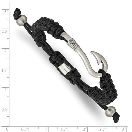 Stainless Steel Brushed Fishing Hook Black Nylon Adjustable Bracelet