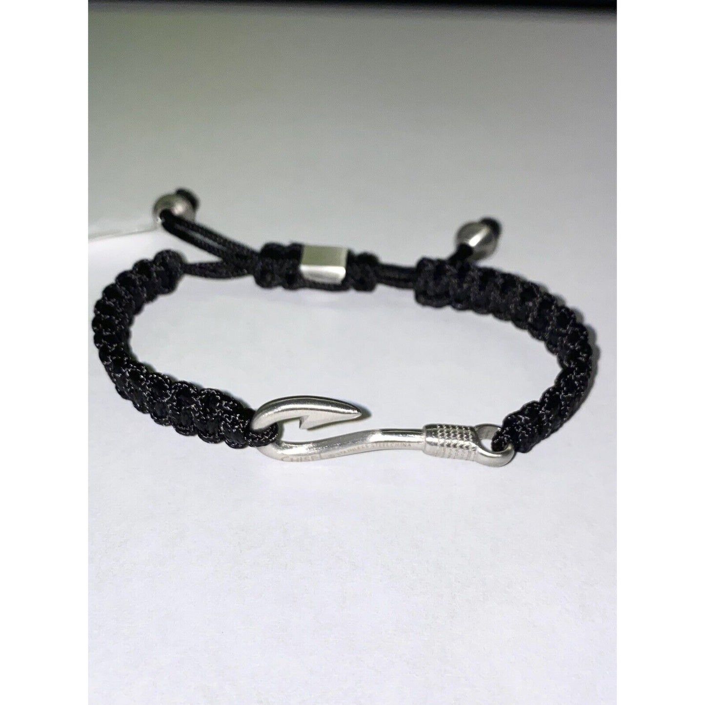 Stainless Steel Brushed Fishing Hook Black Nylon Adjustable Bracelet