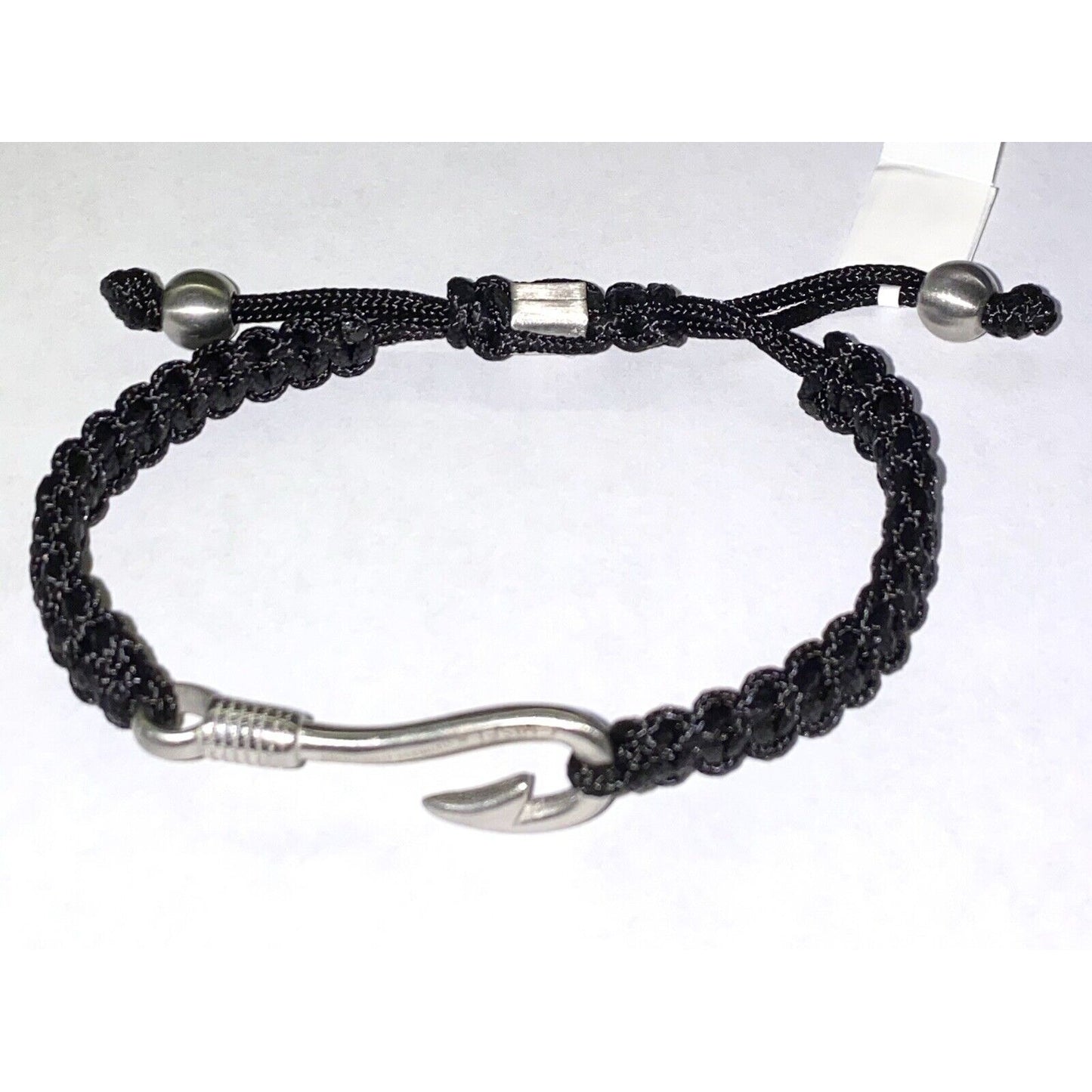 Stainless Steel Brushed Fishing Hook Black Nylon Adjustable Bracelet