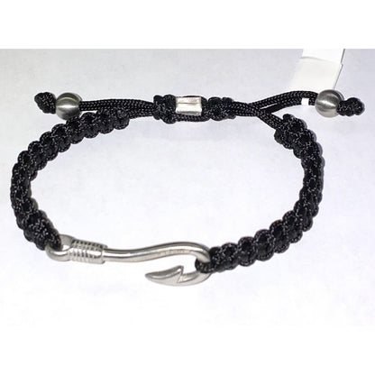 Stainless Steel Brushed Fishing Hook Black Nylon Adjustable Bracelet