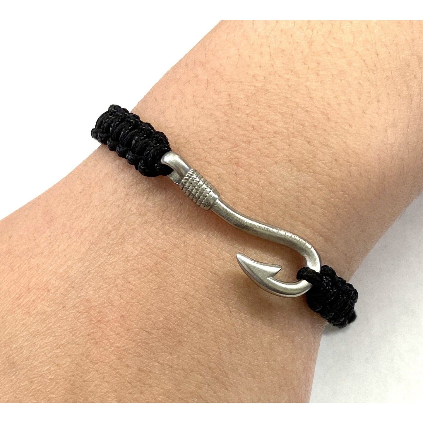 Stainless Steel Brushed Fishing Hook Black Nylon Adjustable Bracelet