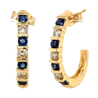 14k Yellow Gold Hoop Earrings 1/2ctw Diamond & Sapphire 3.3g