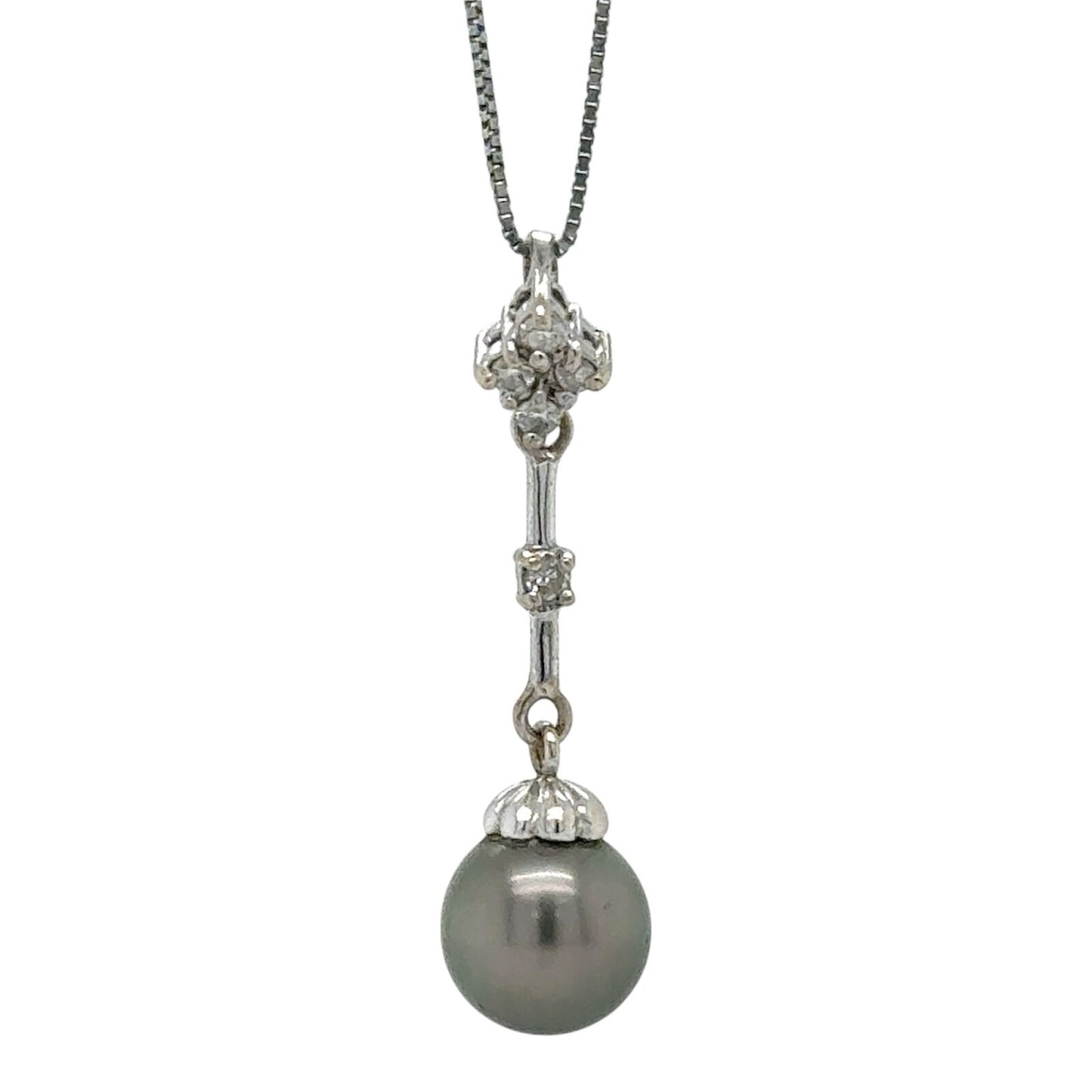 Black Pearl & Diamond 14k White Gold Pendant 19" Baby Box Chain 2.8g