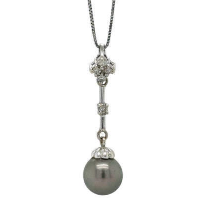 Black Pearl & Diamond 14k White Gold Pendant 19" Baby Box Chain 2.8g