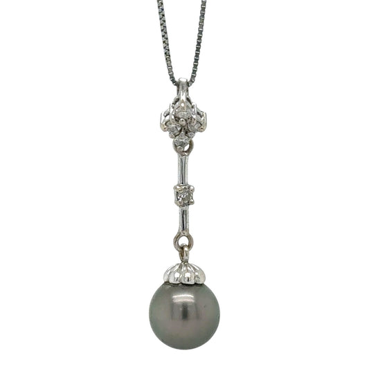 Black Pearl & Diamond 14k White Gold Pendant 19" Baby Box Chain 2.8g