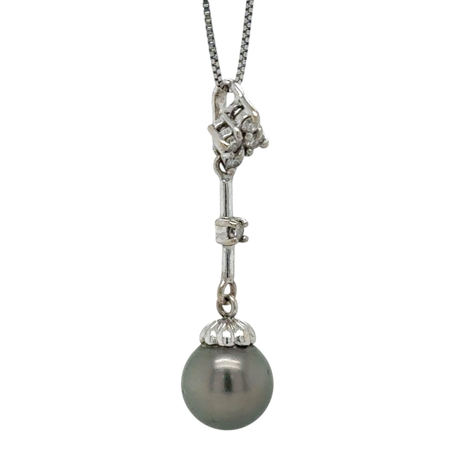 Black Pearl & Diamond 14k White Gold Pendant 19" Baby Box Chain 2.8g