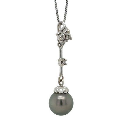 Black Pearl & Diamond 14k White Gold Pendant 19" Baby Box Chain 2.8g