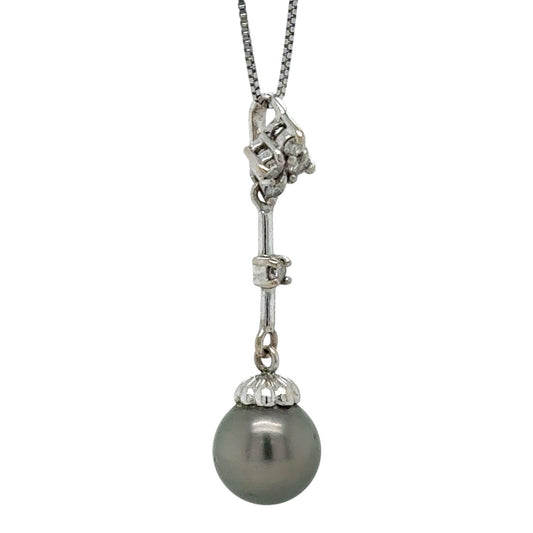 Black Pearl & Diamond 14k White Gold Pendant 19" Baby Box Chain 2.8g