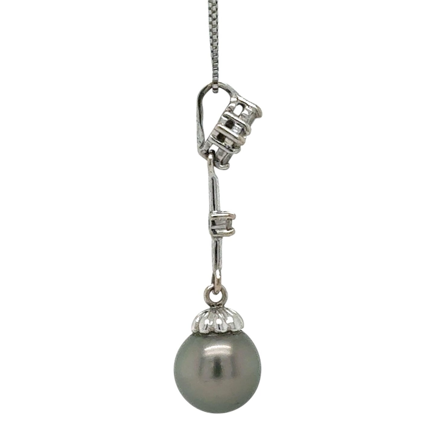 Black Pearl & Diamond 14k White Gold Pendant 19" Baby Box Chain 2.8g
