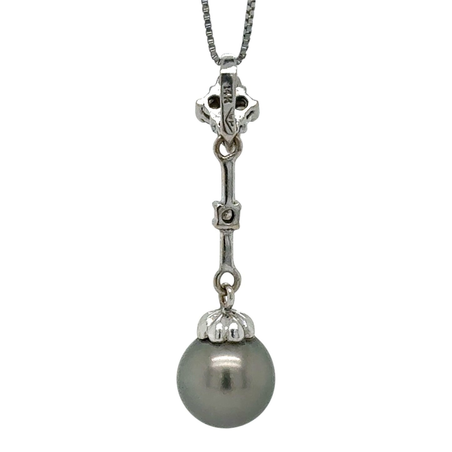 Black Pearl & Diamond 14k White Gold Pendant 19" Baby Box Chain 2.8g