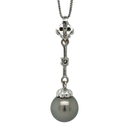 Black Pearl & Diamond 14k White Gold Pendant 19" Baby Box Chain 2.8g