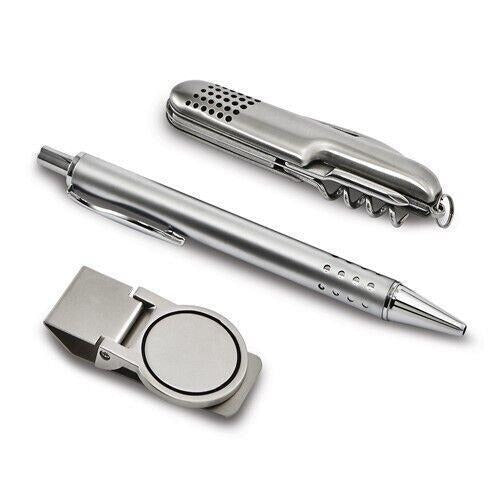 Pen Multi-Function Knife & Round Money Clip Silver-Tone 3-Piece Gift Set