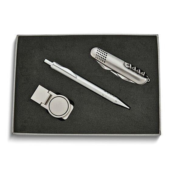 Pen Multi-Function Knife & Round Money Clip Silver-Tone 3-Piece Gift Set