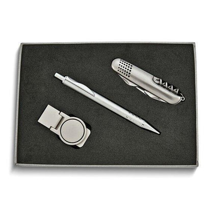 Pen Multi-Function Knife & Round Money Clip Silver-Tone 3-Piece Gift Set