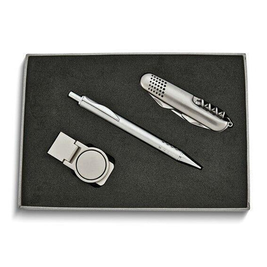 Pen Multi-Function Knife & Round Money Clip Silver-Tone 3-Piece Gift Set