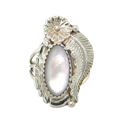 Mother Of Pearl Flower Sterling Silver Ring 5.3g Size 6.5