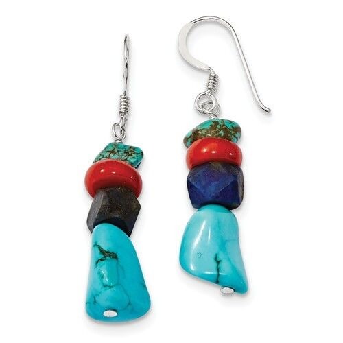 Red Coral Howlite Lapis & Turquoise Sterling Silver Wire Hook Dangle Earrings