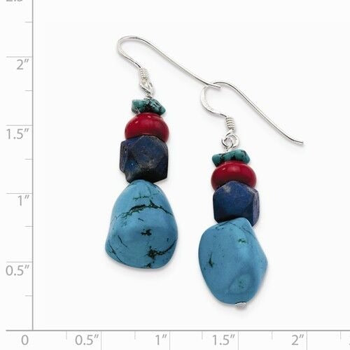 Red Coral Howlite Lapis & Turquoise Sterling Silver Wire Hook Dangle Earrings
