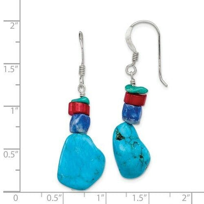 Red Coral Howlite Lapis & Turquoise Sterling Silver Wire Hook Dangle Earrings