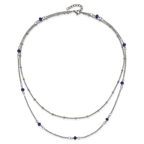Chisel Stainless Steel Polished 2-Strand Blue Crystal Beaded 16+1 inch Necklace