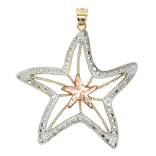 10K Tri-Color Gold Starfish Pendant Rose Gold Center & Diamond-Cut 2.8g