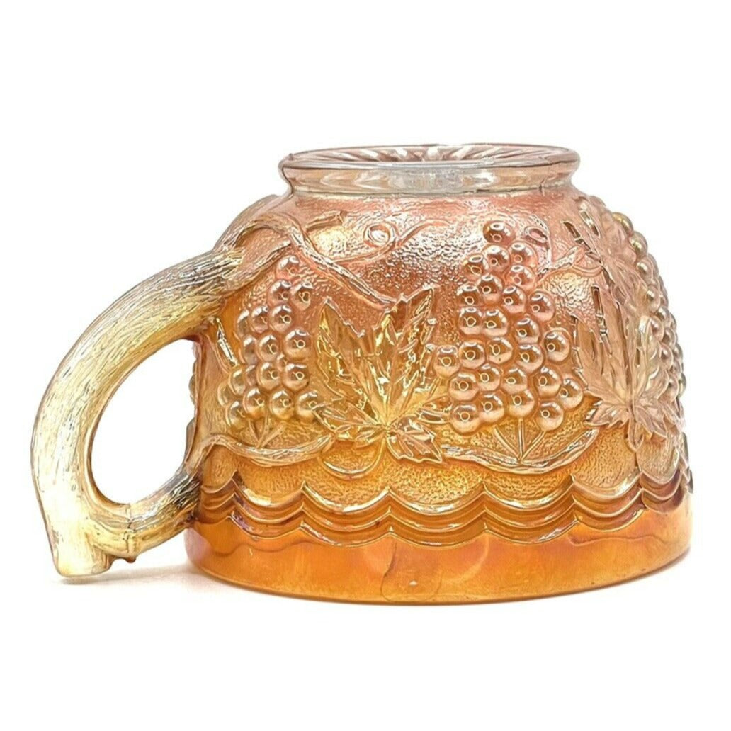 Vintage Carnival Glass Cup Marigold Iridescent Grape Vine Pattern 3.5”