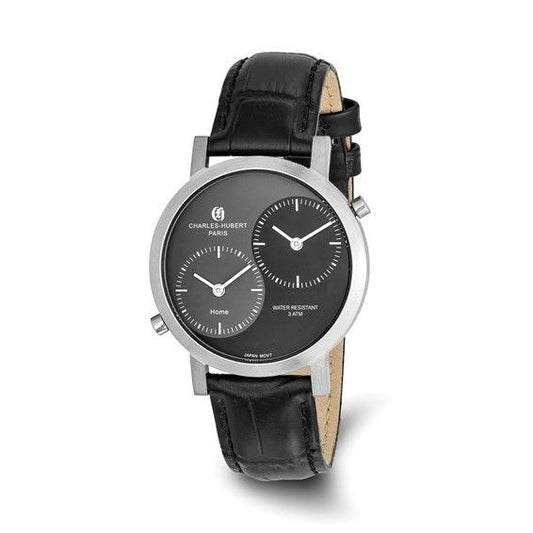 Mens Charles Hubert 37mm Dual Time Black Leather Watch