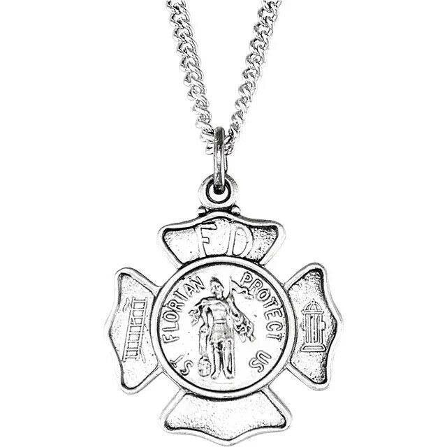 Sterling Silver St. Florian Fireman Medal Pendant Necklace 18" Chain