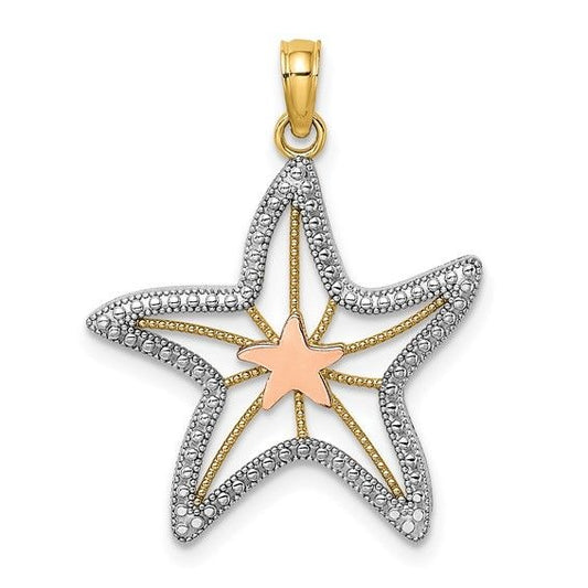 14K Two-Tone Rhodium Cut-Out Small Starfish Charm Pendant Gold Jewelry