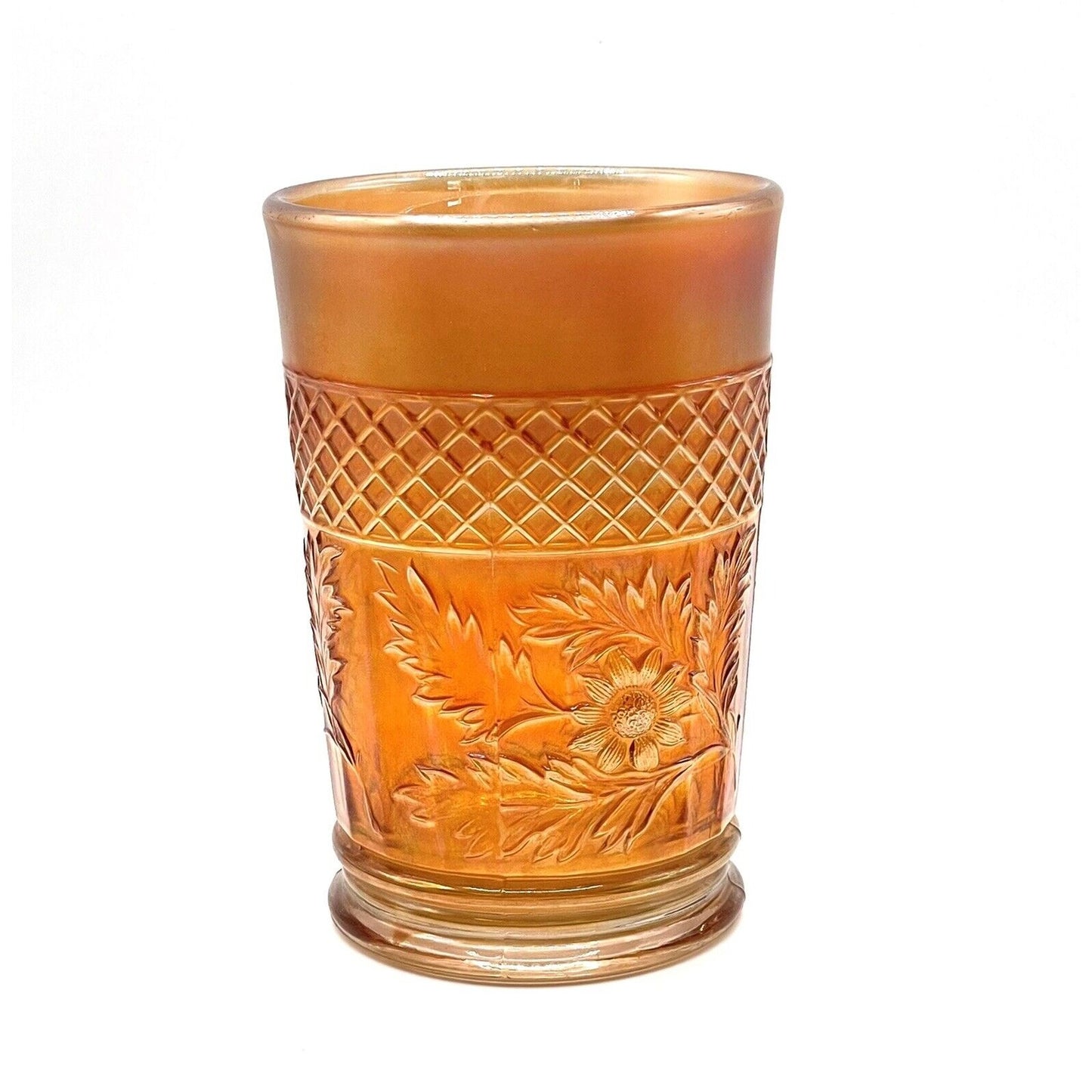 Vintage Carnival Glass Cup Iridescent Tumblr Water Marigold Orange Flowers
