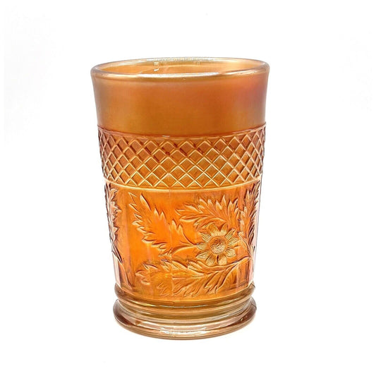 Vintage Carnival Glass Cup Iridescent Tumblr Water Marigold Orange Flowers