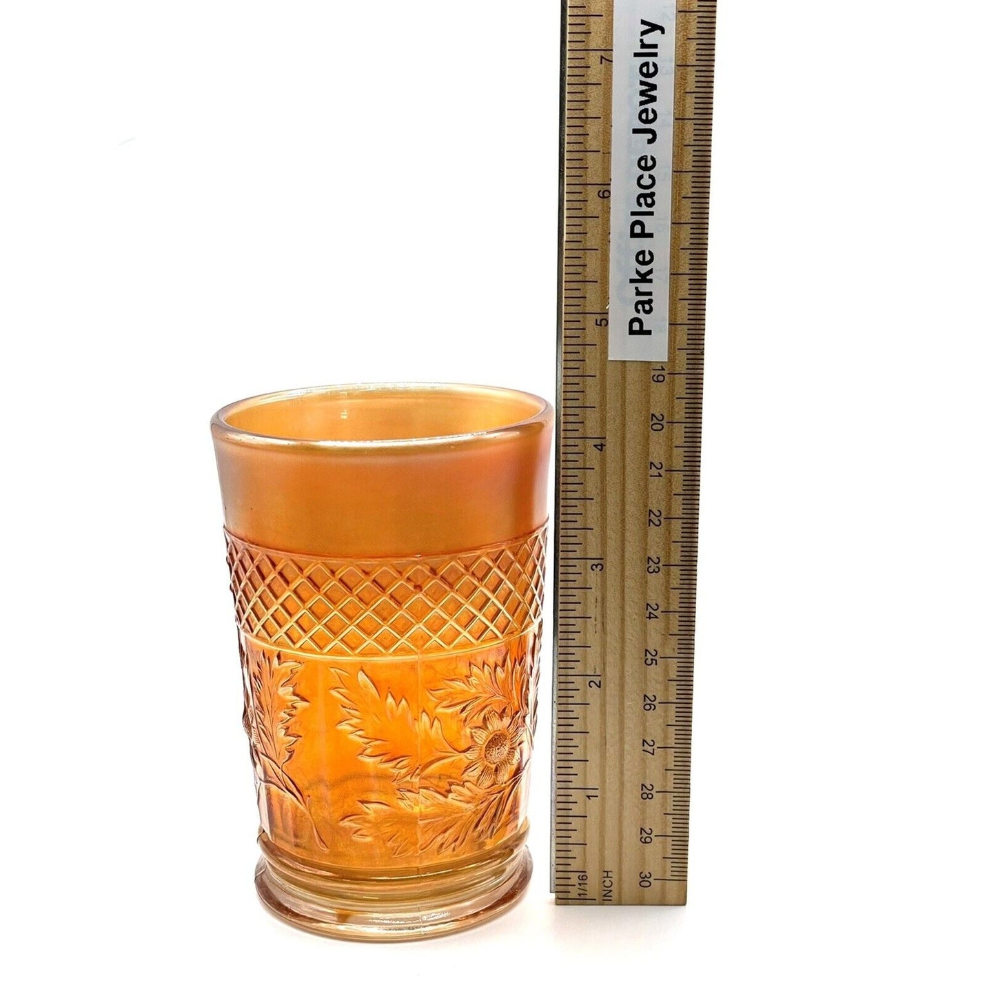 Vintage Carnival Glass Cup Iridescent Tumblr Water Marigold Orange Flowers