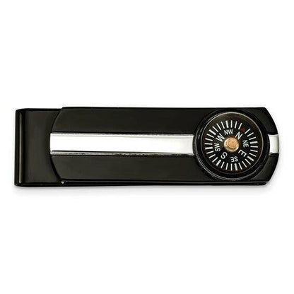Stainless Steel Polished Black IP-Plated Functional Compass Money Clip