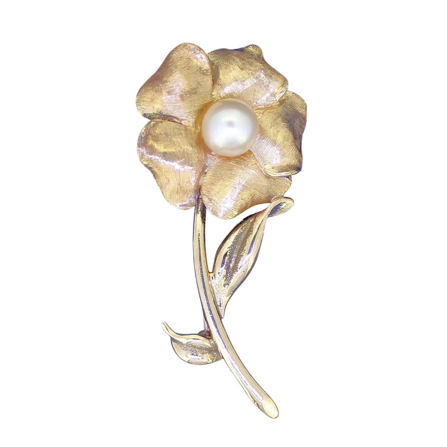 Vintage14K Yellow Gold Flower Brooch With Pearl Center 7.29mm