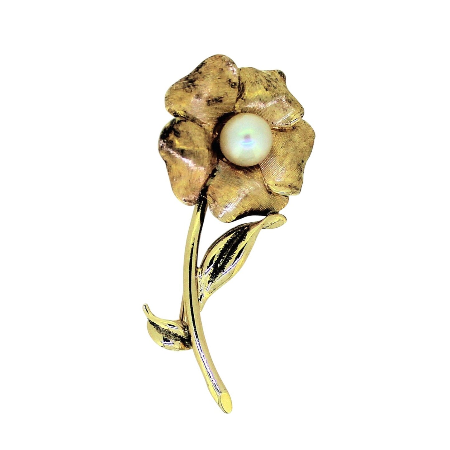 Vintage14K Yellow Gold Flower Brooch With Pearl Center 7.29mm
