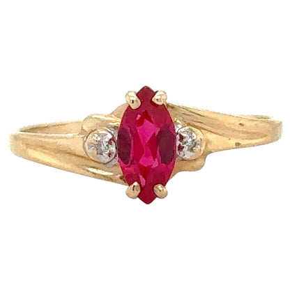 Created Ruby Solitaire & Diamond 10k Yellow Gold Ring 1.3g Size 8.25