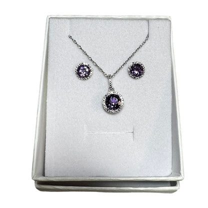 Sterling Silver Natural Amethyst & Diamond Halo Pendant Necklace 18" & Stud Earrings