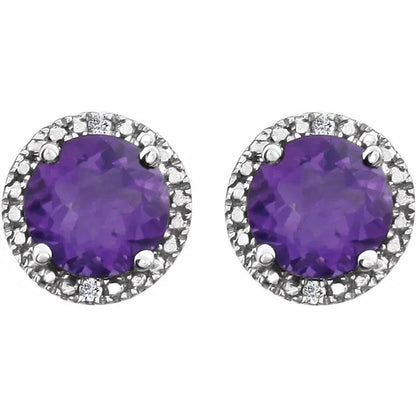 Sterling Silver Natural Amethyst & Diamond Halo Pendant Necklace 18" & Stud Earrings