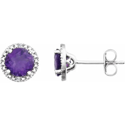 Sterling Silver Natural Amethyst & Diamond Halo Pendant Necklace 18" & Stud Earrings
